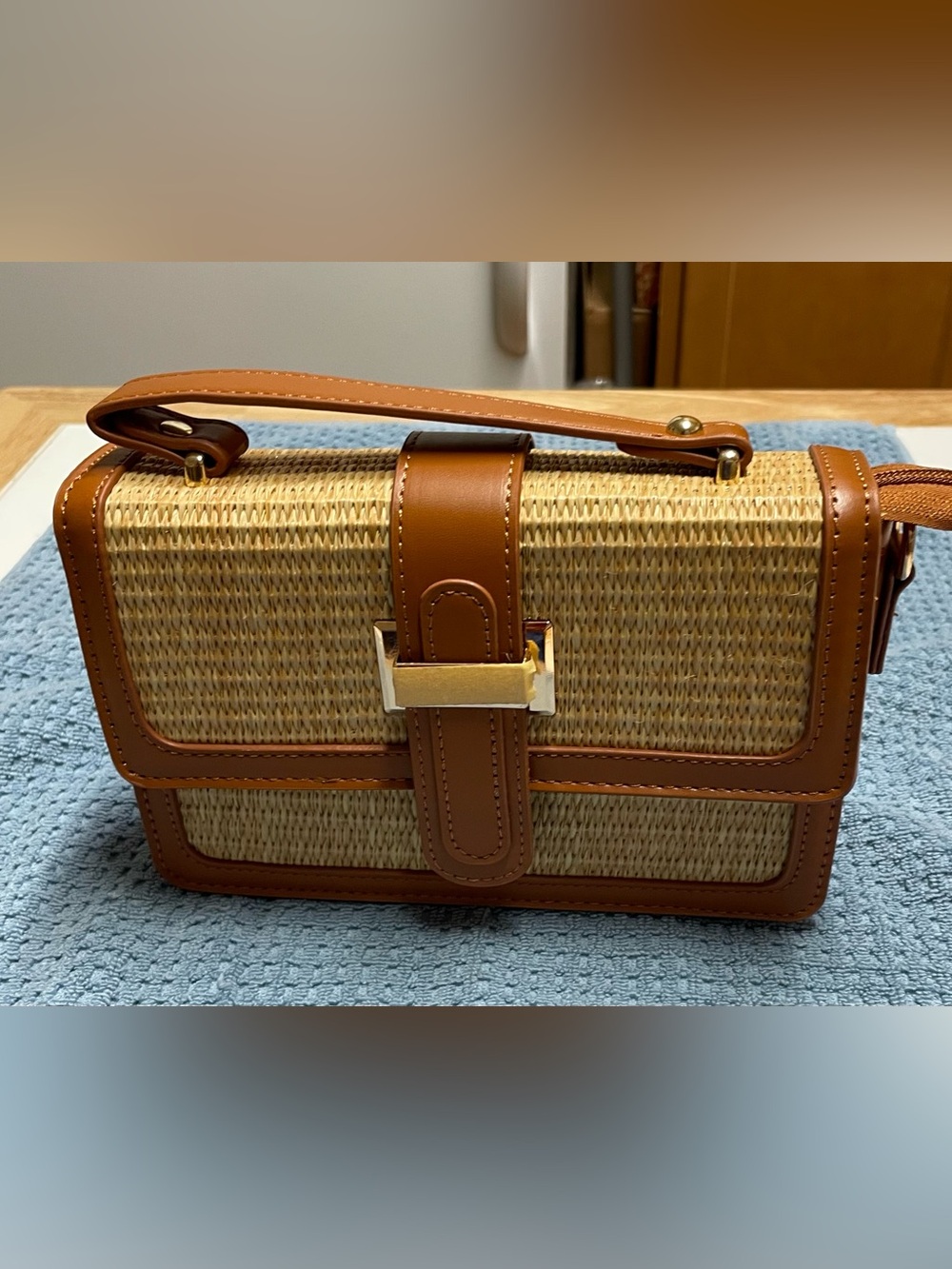 Woven Straw Crossbody with Tan Trim and Gold Accent
